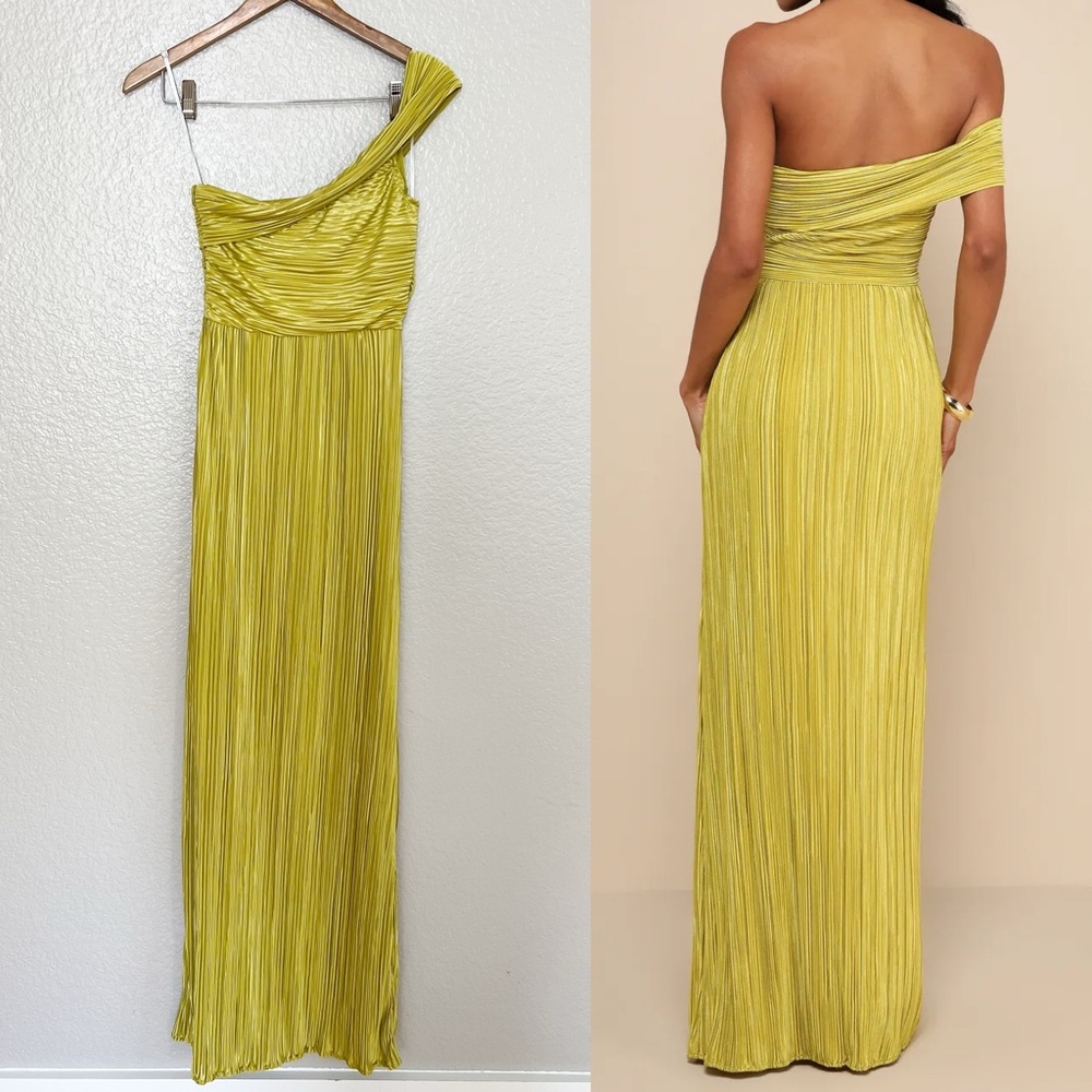 NWOT Poised Performance Chartreuse Plisse One-Shoulder Maxi Dress - Picture 3 of 9